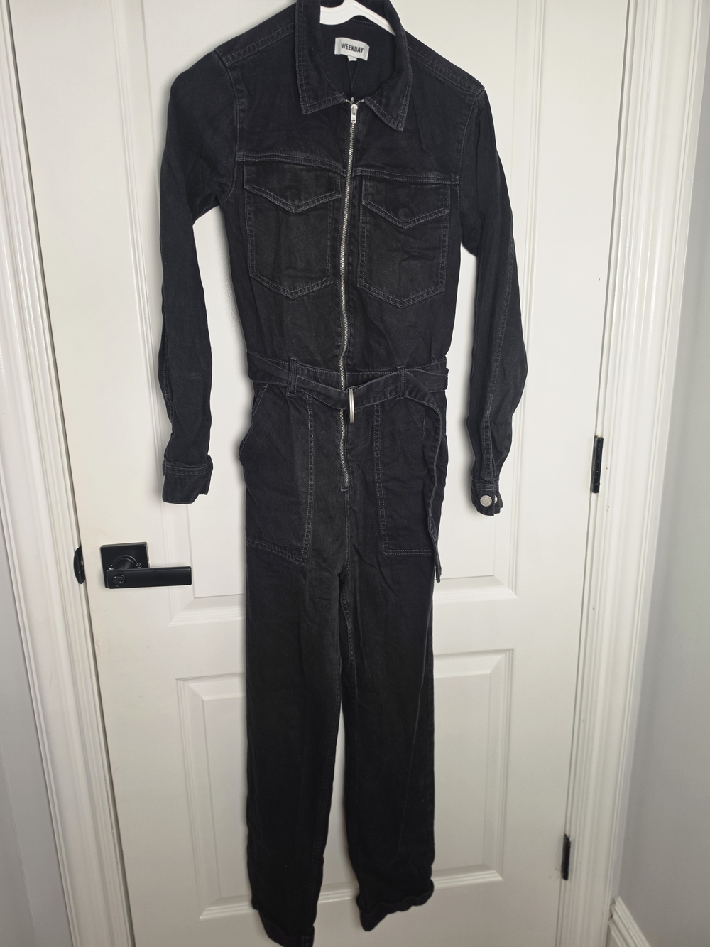 Weekday Black Denim Utility Jumpsuit Belted Size 36 (US Small)